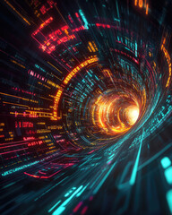 A futuristic animated font set with a mix of bold, blocky letters and elegant neon strokes, placed over a dynamic digital tunnel with depth and perspective 