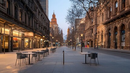 Fototapeta premium Empty City Street at Dawn with Historic Buildings