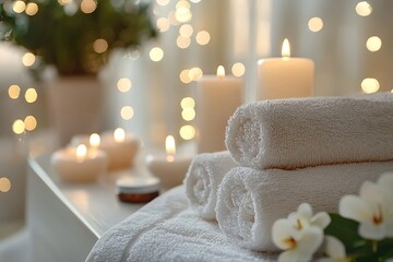 Cozy Spa Setting with Candles,Towels,and Soothing Essentials for Relaxation and Rejuvenation