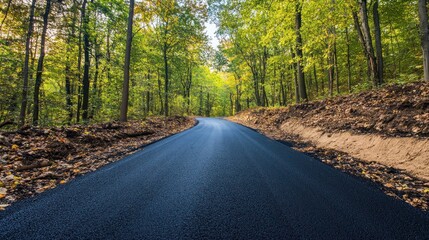 Fototapeta premium Serene Forest Road: A Journey Through Autumnal Woods