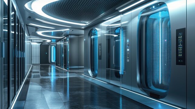 A futuristic, secure data center with biometric scanners at every entry point.