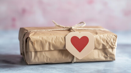 Crafted gift wrapped with brown paper and red heart-shaped tag. Natural twine bow. Soft, blurred background. Valentine's Day theme. Design for greeting card, invitation, poster, banner