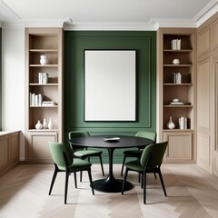 "Modern dining area with a minimalist aesthetic, featuring a round black table with four green upholstered chairs. The room has an elegant green accent wall with paneling, a large blank picture frame,