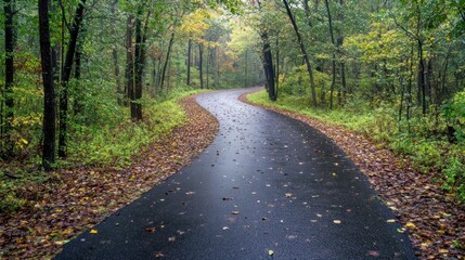 Fototapeta premium Serene Autumnal Road: A Picturesque Pathway Through a Misty Forest