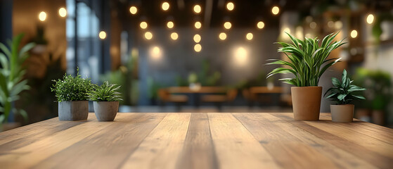 Wooden table, plants, cafe, lights