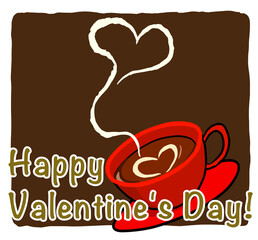 赤いコーヒーマグカップの中のクリームでハートマークのコーヒー／ラテアートとハート型の湯気 テキスト有り