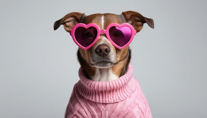 Fototapeta premium A cute dog wearing pink shape heart sunglasses, sweater with a funny expression in a studio setting, isolated solid background