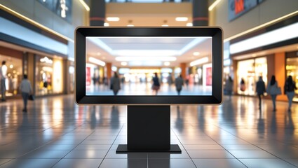 Naklejka premium Digital Signage in a Modern Shopping Mall: A sleek digital signage display stands prominently in a bustling shopping mall, showcasing advertising or information to a diverse crowd of shoppers.