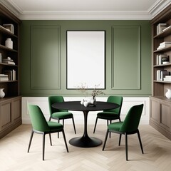 "Modern dining area with a minimalist aesthetic, featuring a round black table with four green upholstered chairs. The room has an elegant green accent wall with paneling, a large blank picture frame,