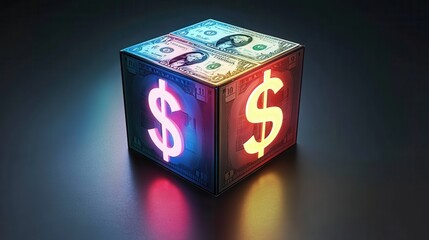 Vibrant Cube with Dollar Signs and Money Design in Dynamic Lighting