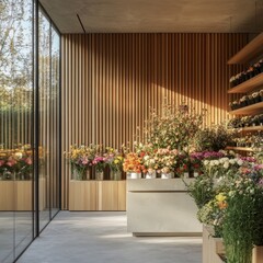 Fototapeta premium Sunlit floral shop interior, wood walls, bouquets
