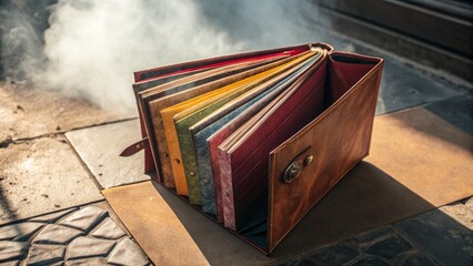 Vintage Multicolored Asymmetrical Document Folder: Sophisticated Side-Lit Presentation Image