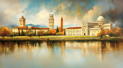 Autumnal Cityscape Painting: Towers, Cathedral, Lake