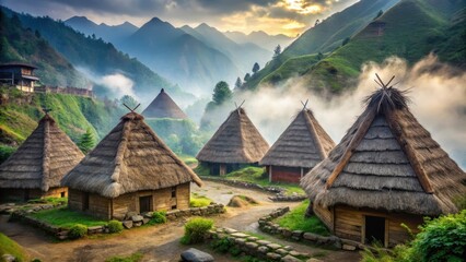 Serene Mountain Village at Dawn Traditional Dwellings nestled amongst rolling hills shrouded in mist, bathed in the golden light of sunrise.