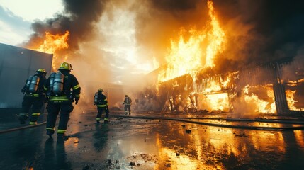 A dramatic shot of firefighters in action at a burning industrial warehouse, Firefighting scene, Heroic and intense style