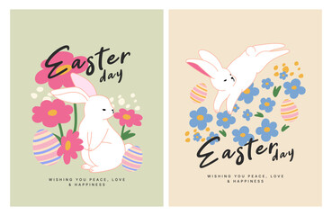 illustration of easter day concept,  card and background, cartoon and character, bunny or rabbit with flowers and egg, seasonal theme