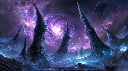 Cosmic Peaks Fantasy landscape with swirling nebula, alien rock formations, used for game design