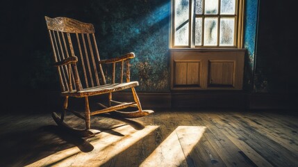 Rustic rocking chair in sunlit room with vintage decor and shadows