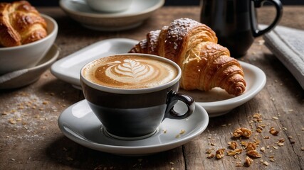 Classic breakfast setting featuring a cup of black coffee and golden flaky croissants on a rustic white wooden table. Generative AI.