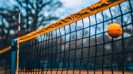 Tennis ball on net, park background