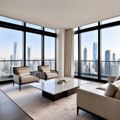 "Modern dining area with a minimalist aesthetic, featuring a round black table with four green upholstered chairs. The room has an elegant green accent wall with paneling, a large blank picture frame,