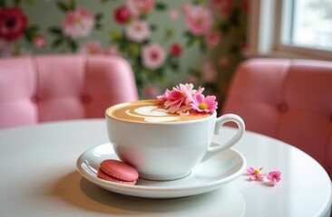 Delightful latte art with flowers and a macaron on a beautifully set table in a cozy cafe