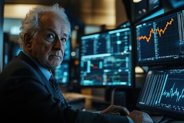 Experienced Trader Analyzes Market Data on Multiple Screens at Night