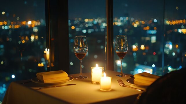 A romantic candlelit dinner at a rooftop restaurant in a city hotel.