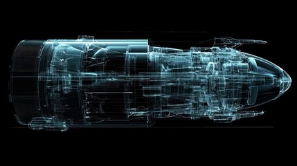A detailed 3D visualization of a jet engine with transparent layers