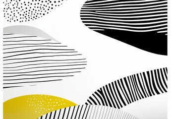 Abstract design with various shapes, lines, and dots in black, white, and gray, with a pop of mustard yellow, on a white background