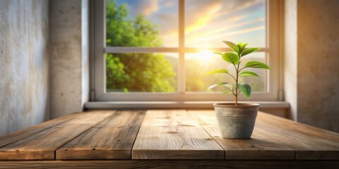 A young plant in a simple pot sits on a rustic wooden table, bathed in the warm glow of the setting sun streaming through a nearby window.