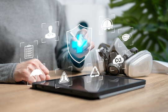 Healthcare safety, Medical cybersecurity concept, Women show safety icon Healthcare management, Equipment to reduce the risk of infectious diseases, life insurance, Biometrics for info safety, Rick