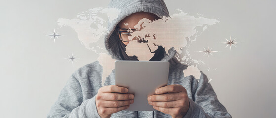 Cybersecurity Measures to Prevent Cyberattacks and Breaches. Person in a hoodie using a tablet with digital world map overlay.