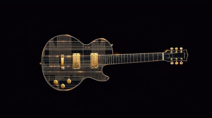 Electric Guitar With Black And Gold Pattern Against Dark Background