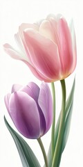 Naklejka premium Two pastel tulips, stem, leaves, white background, greeting card