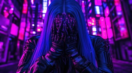Fototapeta premium Cybergoth hides face, neon city backdrop, digital art, album cover
