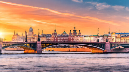 Fototapeta premium Sunset Cityscape Bridge Illustration