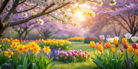 Fototapeta premium Serene Spring Garden Landscape Blossoming Trees and Vibrant Tulips bathed in Golden Sunlight
