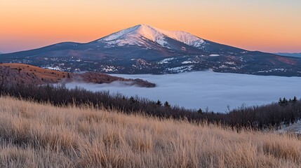 Mountain Sunrise Landscape View with Fog and golden grass in the foreground with snow peak