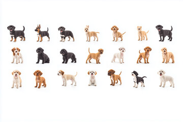 Dogs varies breed and color side view isolated in white background, Selective focus group of tiny dog, Portrait of varies dog breed on white, Small dog