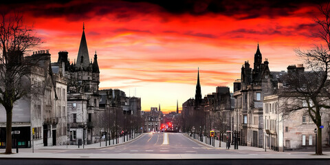 Fototapeta premium Fiery Sunset Cityscape Illustration