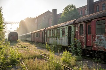 Obraz premium Abandoned Train Convoy Rusts in Urban Decay: Post-Apocalyptic Photography