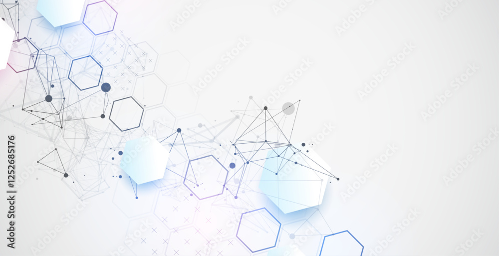 Leinwandbilder Abstract scientific vector background. Light gray gradient of hexagons of different shapes with plexus effect.