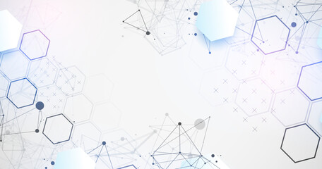 Fototapeta premium Abstract scientific vector background. Light gray gradient of hexagons of different shapes with plexus effect.