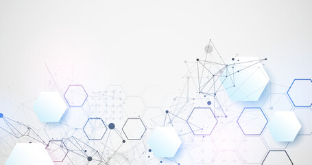 Abstract scientific vector background. Light gray gradient of hexagons of different shapes with plexus effect.