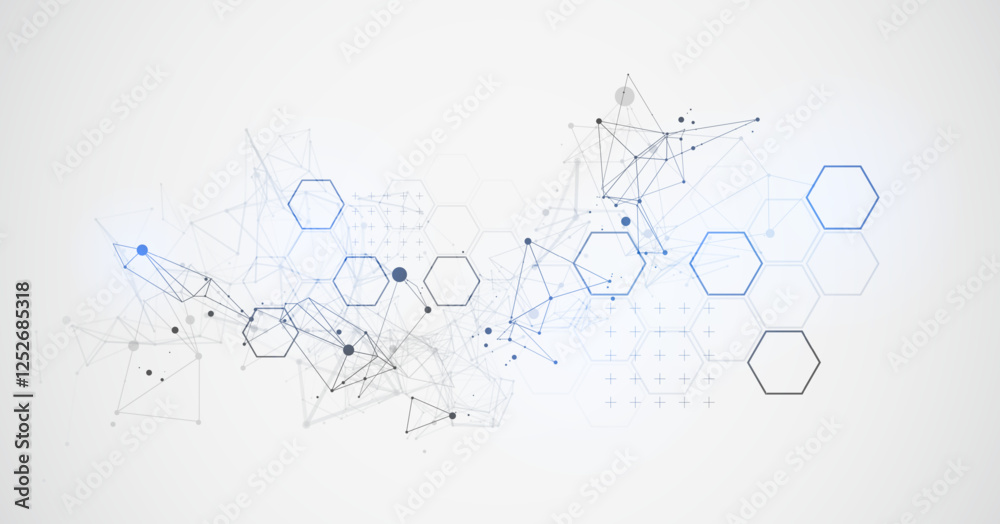 Aufkleber Abstract scientific vector background. Light gray gradient of hexagons of different shapes with plexus effect.