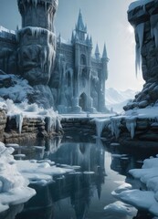 Ice castle with intricate carvings in the frozen moat, frosty details, frosty lake, wintry wonderland