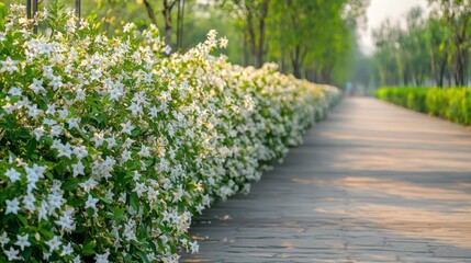 Fototapeta premium A pathway lined with jasmine plants in full bloom