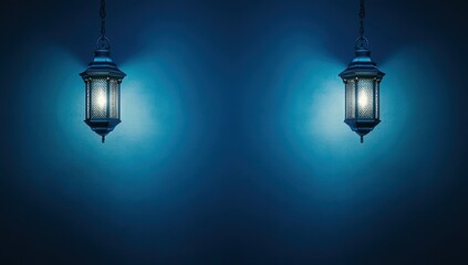 Illuminating Hanging Lanterns Cast a Warm Glow Against a Deep Blue Wall at Night