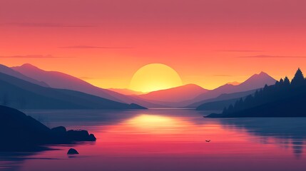 Serene Sunset Over Mountain Lake Landscape